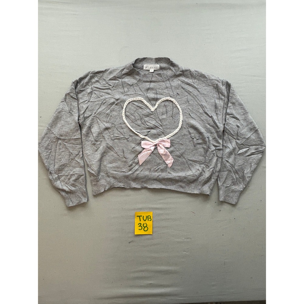 Threaded Leaf Womens Gray Heart Braided Applique Pink Bow Knit Sweater Large